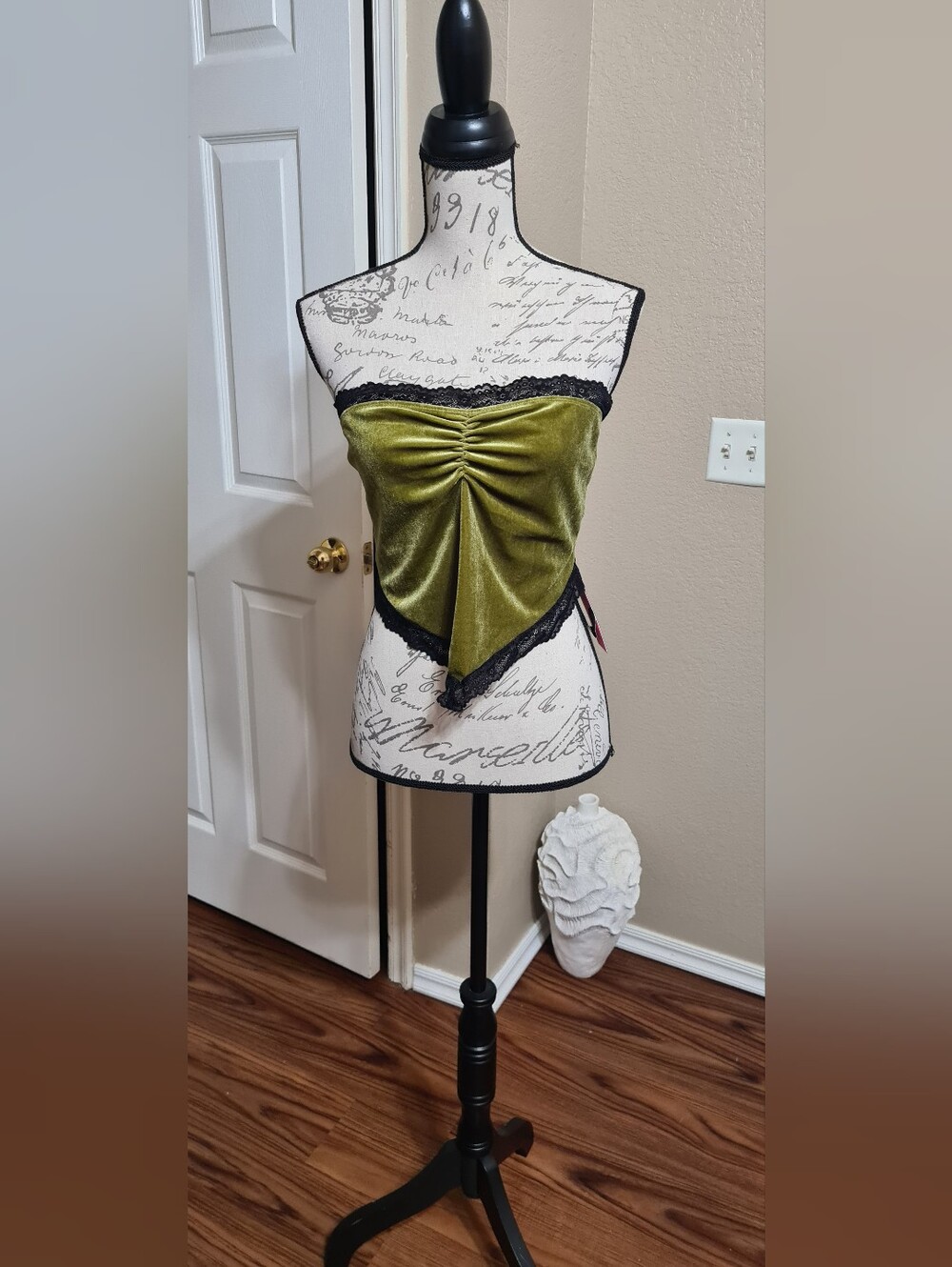 Olive Green Velvet Lace-Trim Bustier Top.